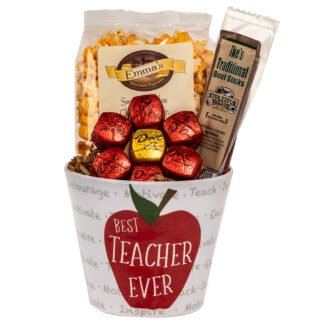 Best Teacher Tin with Dove chocolates, Gourmet popcorn, beef sticks