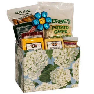White Flower Box with pretzels, potato chips, honey mustard, beef sticks, a flower made of Dove chocolates, and cheese